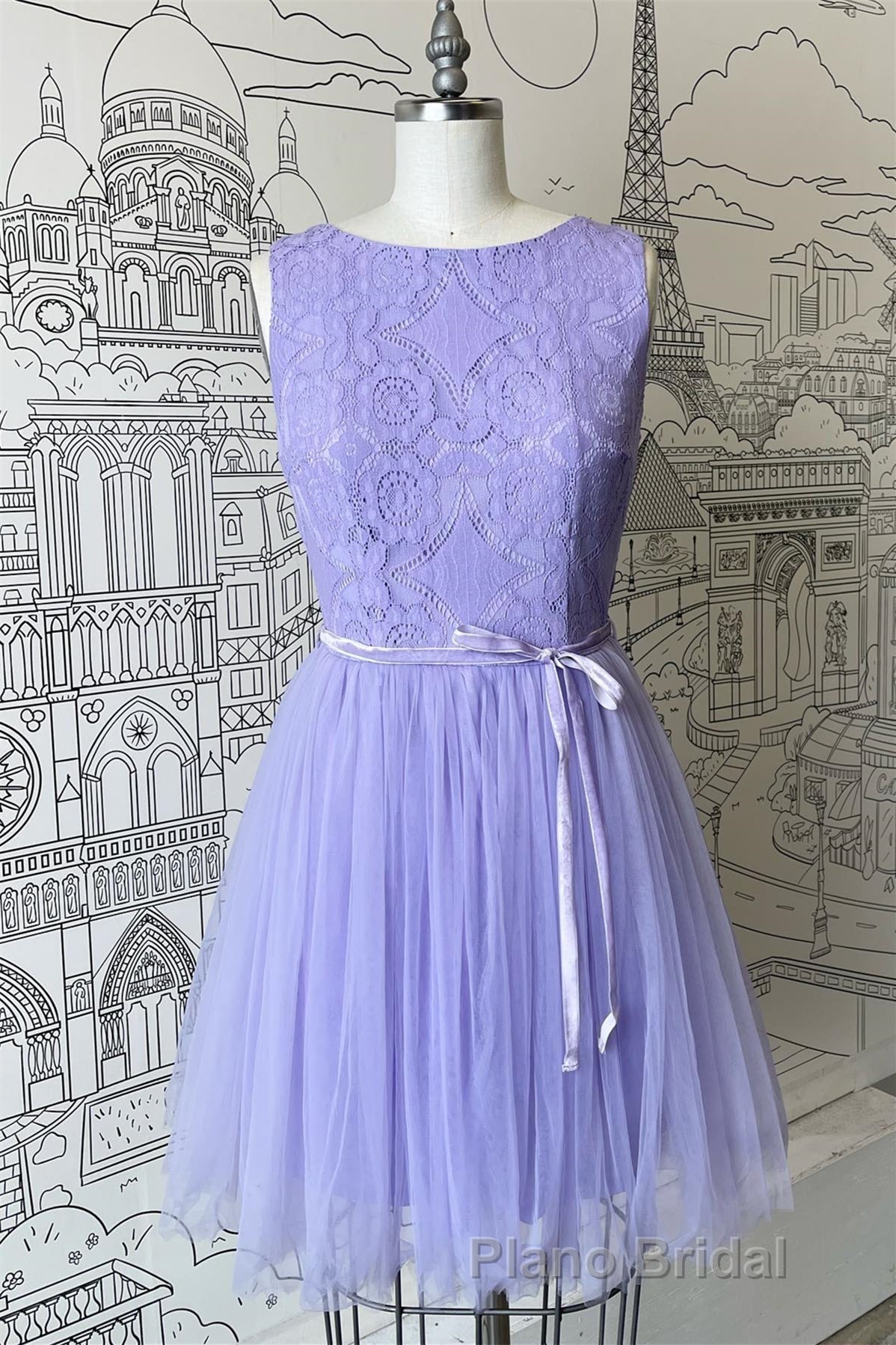 A-line Scoop Neck Tulle Lace Mini Bridesmaid Dresses with Sash Secondary image