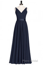 Navy Blue V-Neck Tie-Back A-Line Long Bridesmaid Dresses