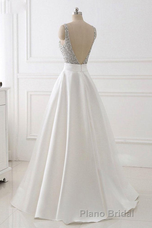 A Line Brush Train Deep V Neck Sleeveless Beading Formal Prom Dresses