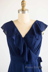 Navy Blue Ruffled Tie-Side Long Bridesmaid Dresses