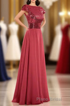 Burgundy Sequin Cap Sleeve Backless A-Line Bridesmaid Dresses