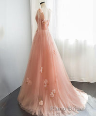 Pink V Neck Tulle Long Formal Prom Dresses, Tulle Evening Dresses
