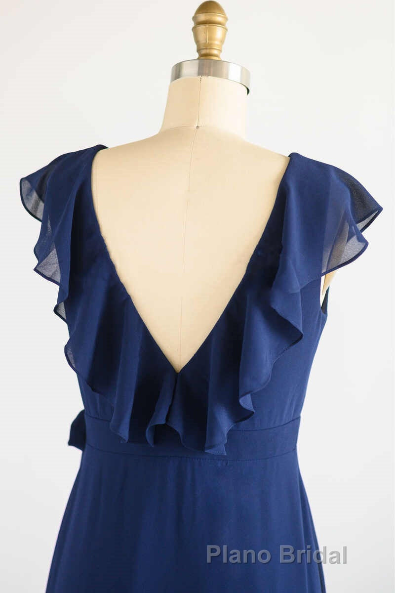 Navy Blue Ruffled Tie-Side Long Bridesmaid Dresses
