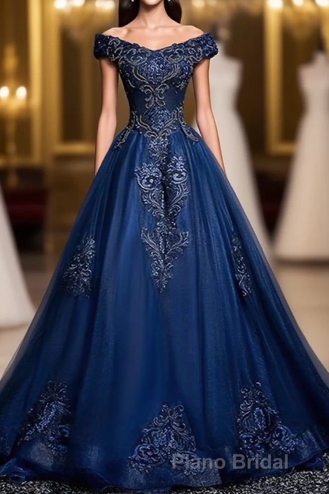 Blue Tulle Lace Off Shoulder Long Formal Prom Dresses, Blue Tulle Lace Evening Dresses