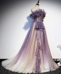 Purple Tulle Sequin Long Formal Prom Dresses, Purple Tulle Prom Dresses