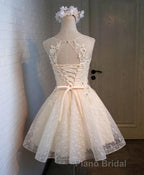 Champagne Lace Round Neck Short Formal Prom Dresses, Bridesmaid Dresses