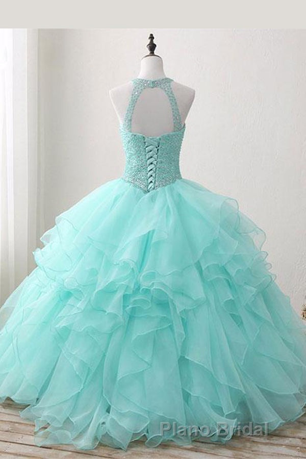 Mint Ball Gown Floor Length Halter Keyhole Back Beading Ruffles Formal Prom Dresses