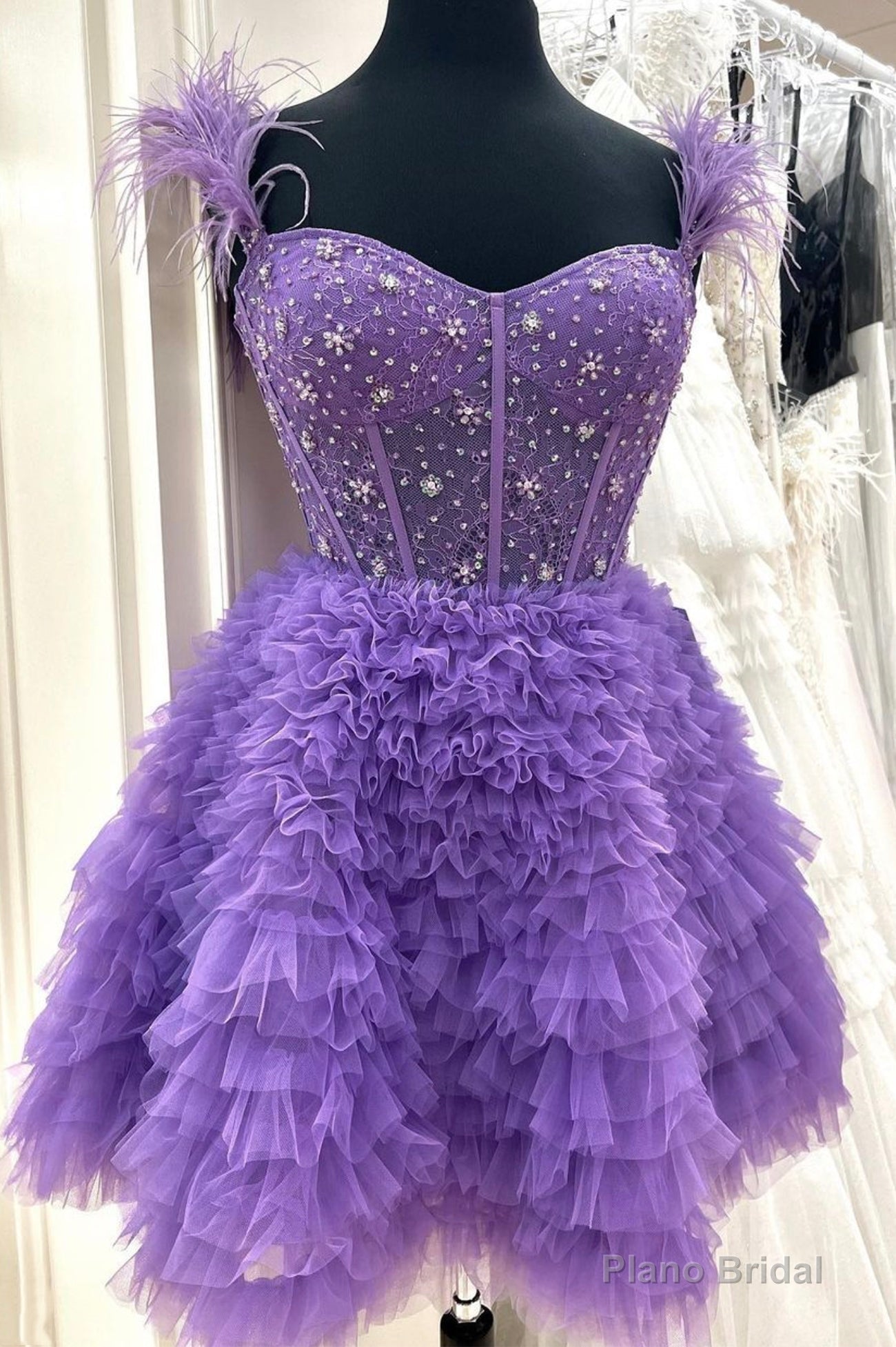 Purple Tulle Beaded Knee Length Prom Dress, A-Line Party Dress Main image