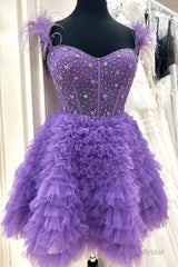 Purple Tulle Beaded Knee Length Prom Dress, A-Line Party Dress