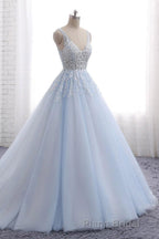 Ball Gown Chapel Train V Neck Sleeveless Backless Appliques Formal Prom Dresses