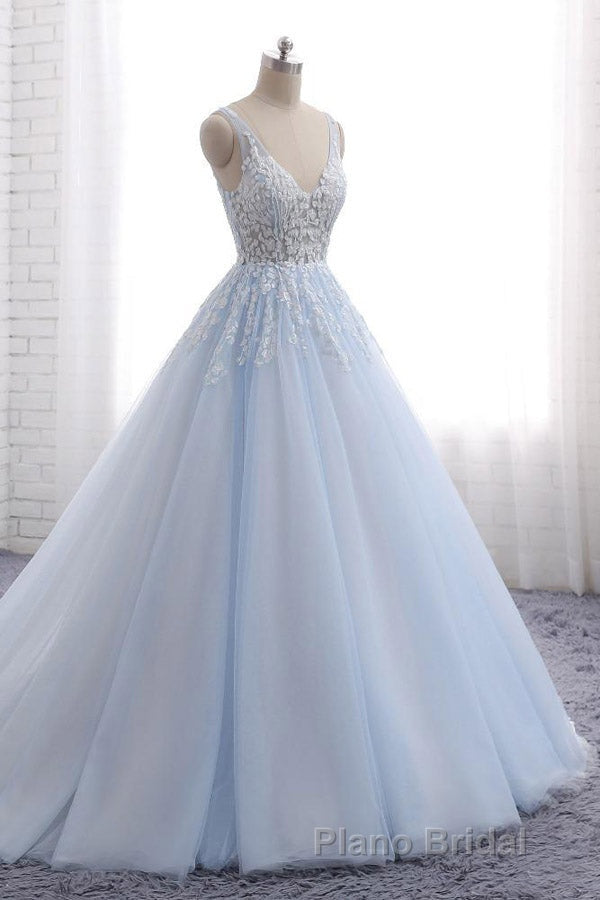 Ball Gown Chapel Train V Neck Sleeveless Backless Appliques Formal Prom Dresses