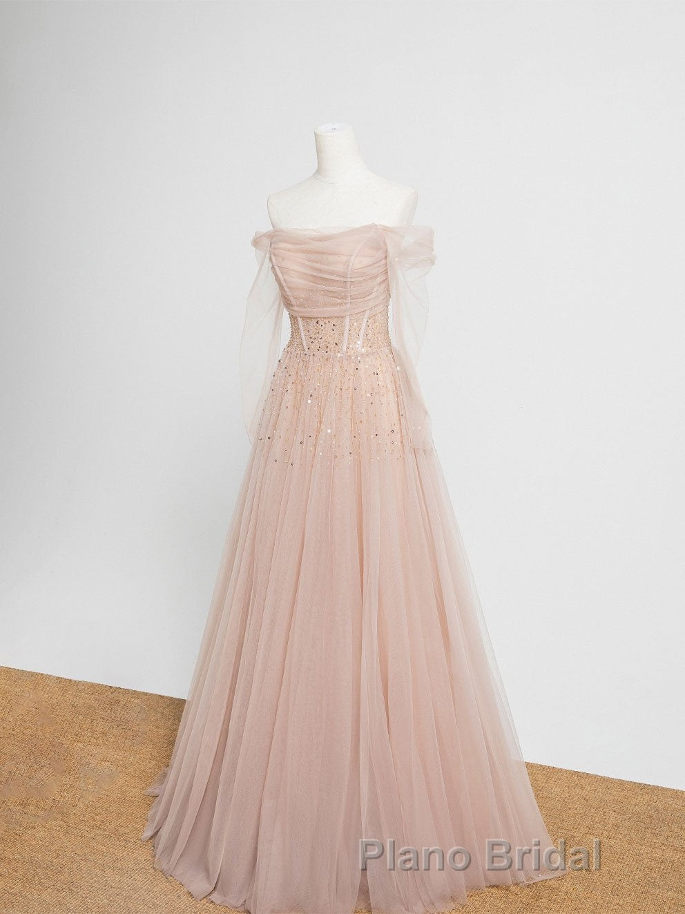 Champagne Pink Tulle Beads Long Formal Prom Dresses, Champagne Evening Dresses