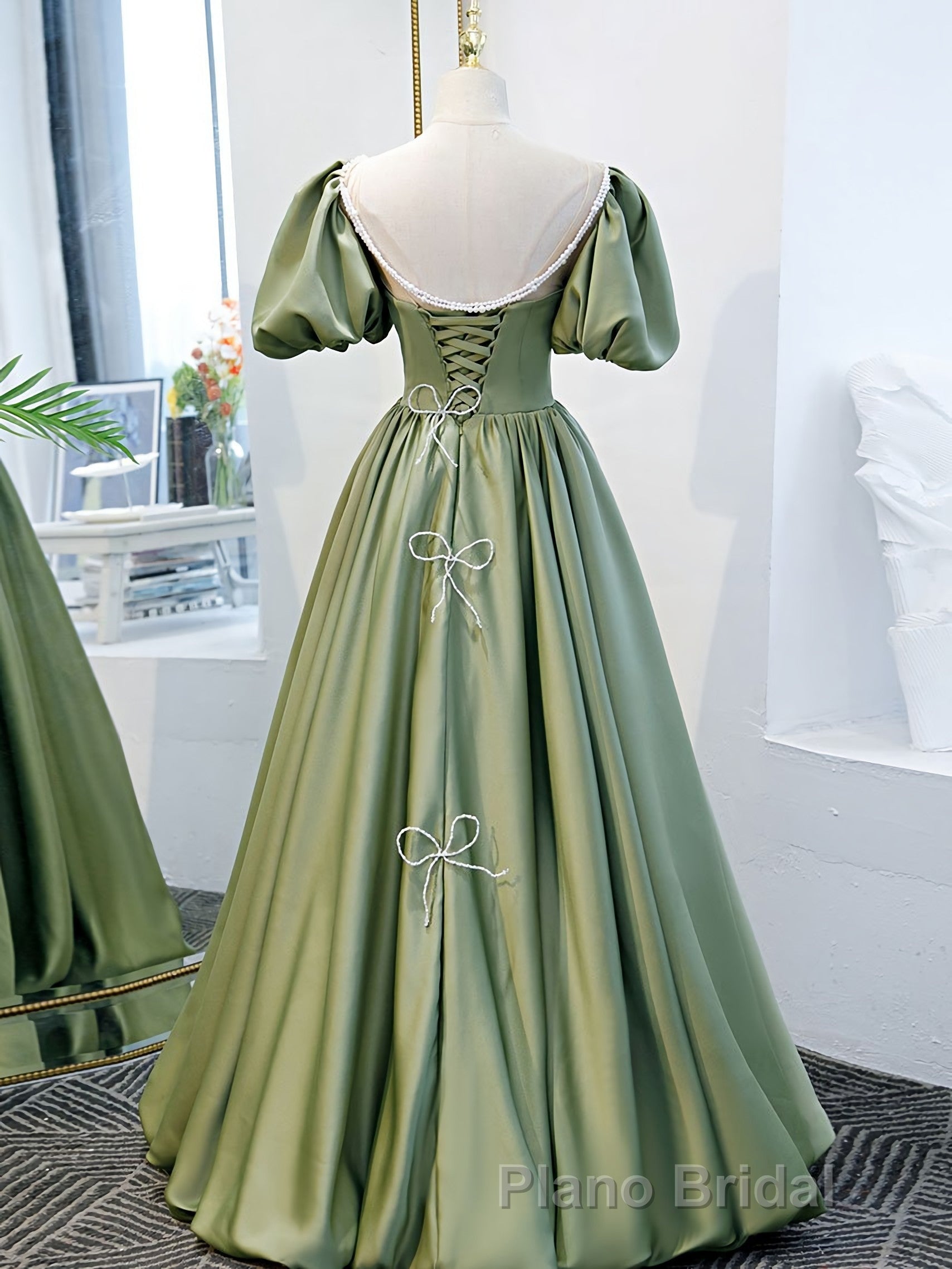 Simple Green Satin Long Formal Prom Dresses, Green Evening Dresses