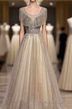 Champagne Round Neck Sequin Long Formal Prom Dresses, Tulle Prom Dresses