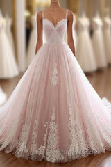 Pink Sweetheart Lace Tulle Long Formal Prom Dress, Lace Pink Evening Dress