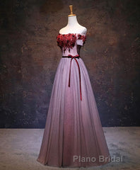 Pink Tulle Lace Applique Long Formal Prom Dresses, Evening Dresses