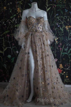 Chic Long Sweetheart Front Split Star Formal Prom Dresses With Sleeves