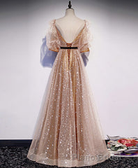 Champagne Sweetheart Tulle Long Formal Prom Dresses, Tulle Prom Dresses