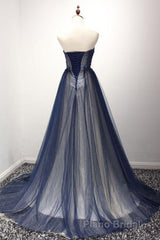 Navy A Line Sweep Train Straight Sleeveless Mid Back Lace Up Formal Prom Dresses