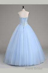Light Blue Ball Gown Floor Length Sweetheart Strapless Sleevless Beading Formal Prom Dresses