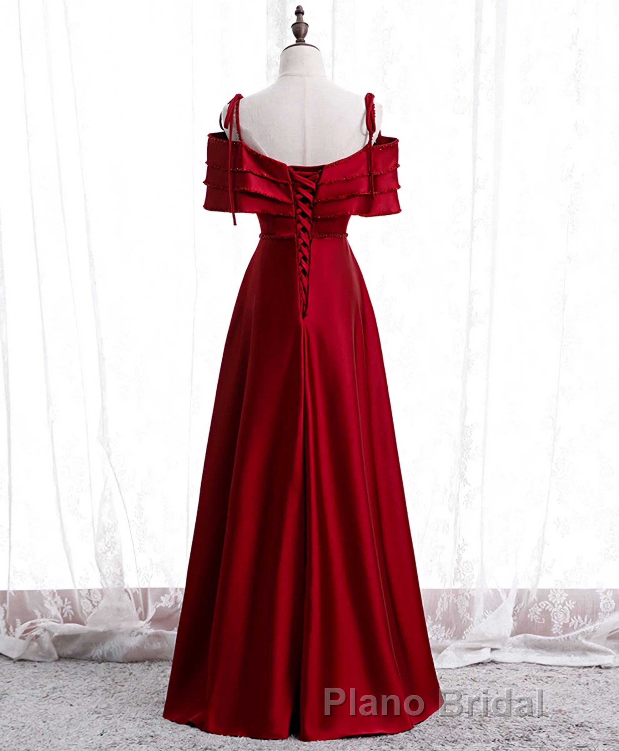 Burgundy Satin Beads Long Formal Prom Dresses, Burgundy Evening Dresses Secondary image