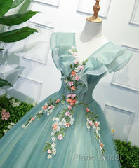 Green V Neck Tulle Long Formal Prom Dresses, Green Evening Dresses