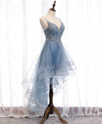 Blue Sweetheart Tulle Lace High Low Formal Prom Dresses, Blue Homecoming Dresses