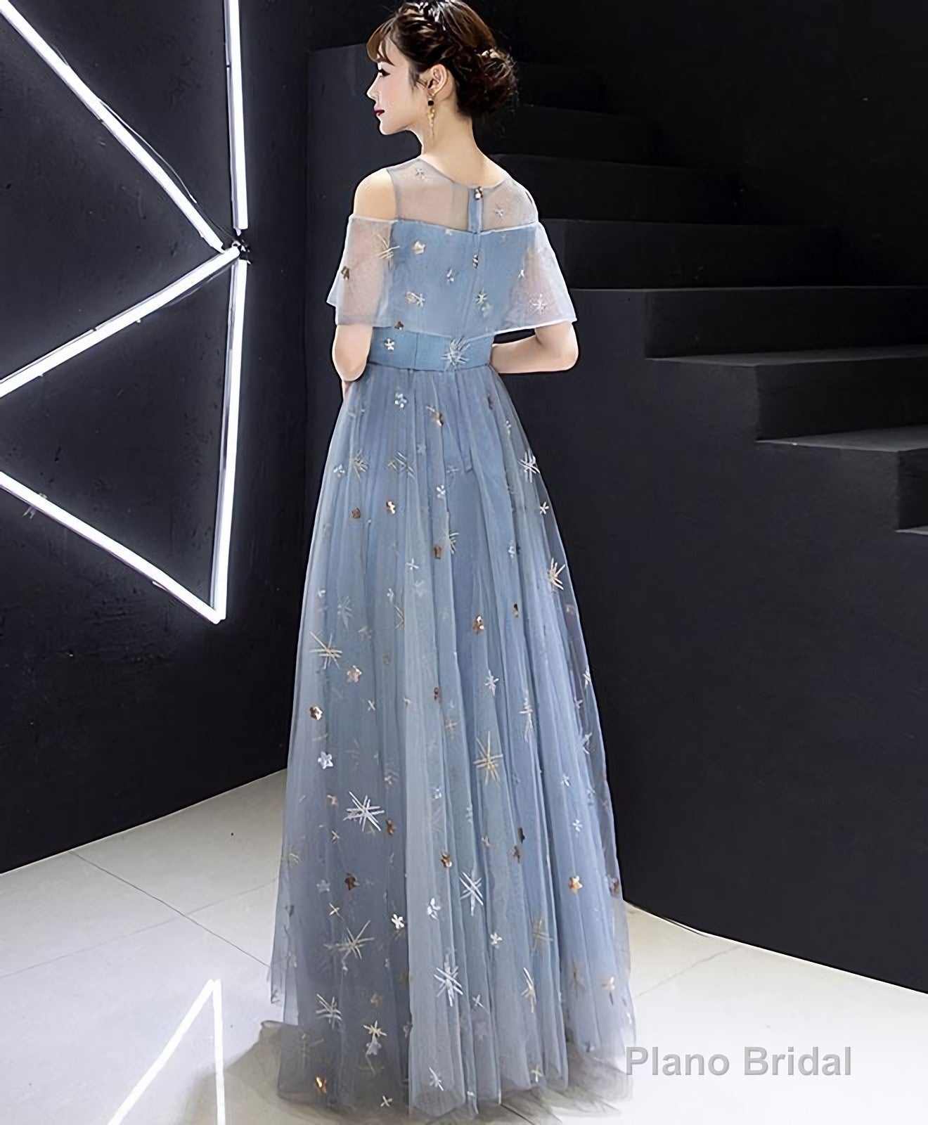 Blue Round Neck Tulle Long Prom Dress, Blue Tulle Evening Dress, 1 Secondary image