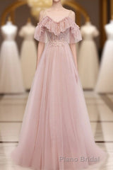 Pink V Neck Tulle Lace Long Formal Prom Dresses, Pink Bridesmaid Dresses, 1