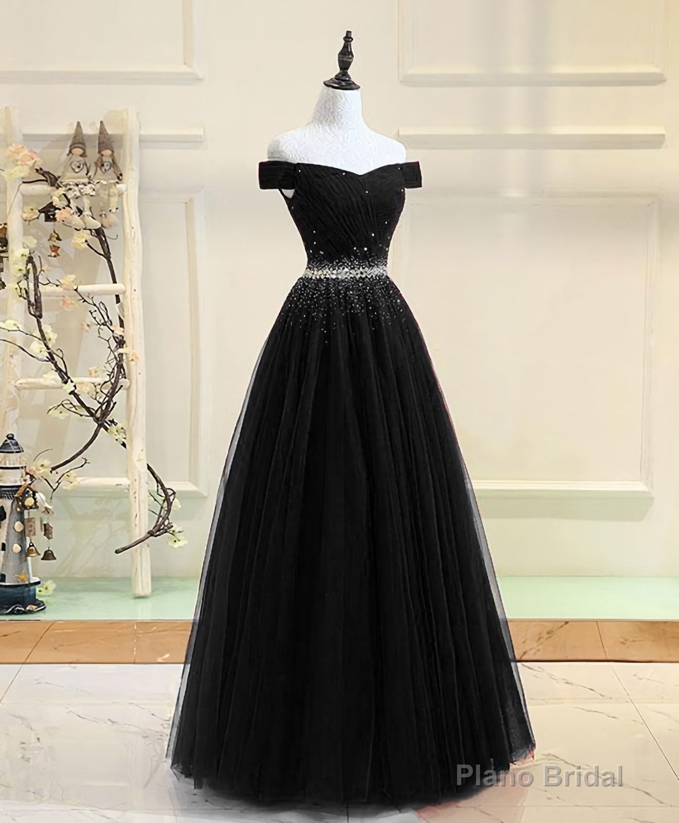 Black Tulle Sequin Long Prom Dress, Black Tulle Evening Dress Secondary image