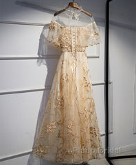 Champagne Tulle Lace Long Formal Prom Dress, Champagne Formal Dress, 1
