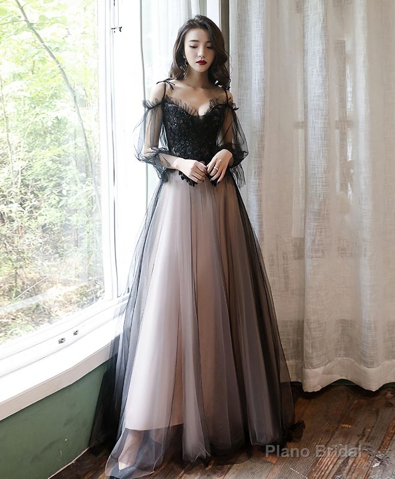 Black Tulle A Line Lace Long Prom Dress, Tulle Lace Formal Dress