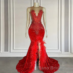 Red Sleeveless Sequins Mermaid Formal Prom Dress with Front Slit Beadings and Feathers