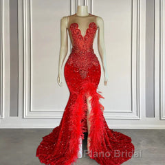 Mermaid Formal Prom Dress with Sequins Sleeveless Split Beadings and Feather Embellishments
