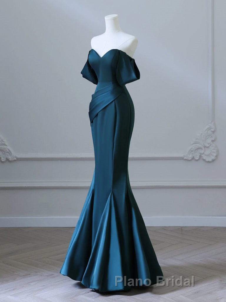 Simple Off Shoulder Satin Ink Blue Long Formal Prom Dress, Ink Blue Long Formal Dress