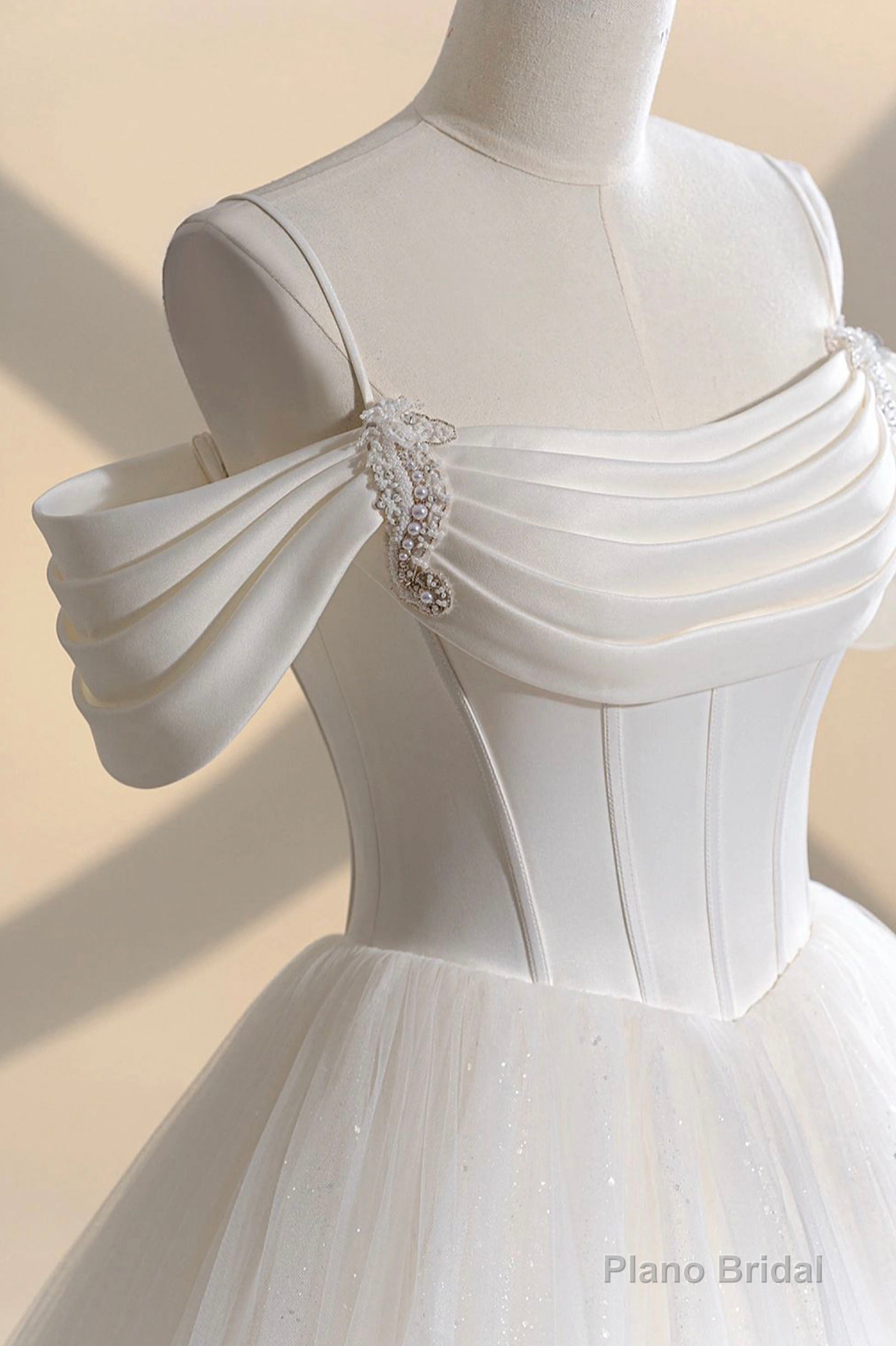 Ivory Tulle Off the Shoulder Formal Gown, Elegant A-Line Wedding Dress