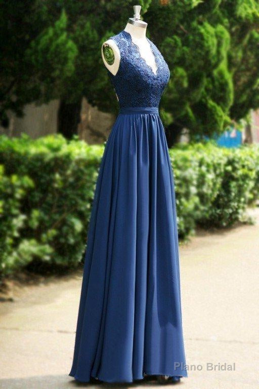 2025 Blue Floor-Length/Long A-Line/Princess Backless Lace V-Neck Chiffon Prom Dresses Secondary image