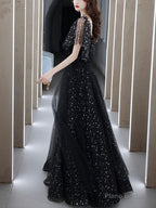 Black Tulle Off Shoulder Tulle Long Prom Dress, Black Evening Dress