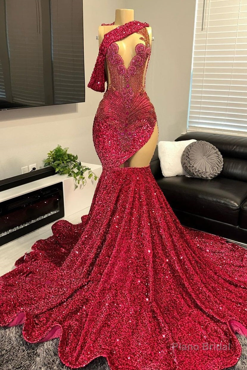 One shoulder Burgundy Sequin Prom Dresses with cutout Main image