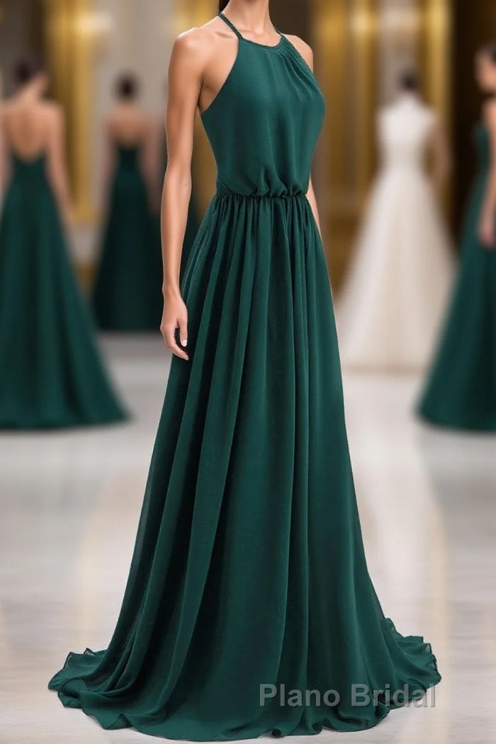 Hunter Green Halter Chiffon A-line Long Bridesmaid Dresses