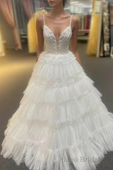 White Floral Plunging V Layers Long Formal Prom Dresses