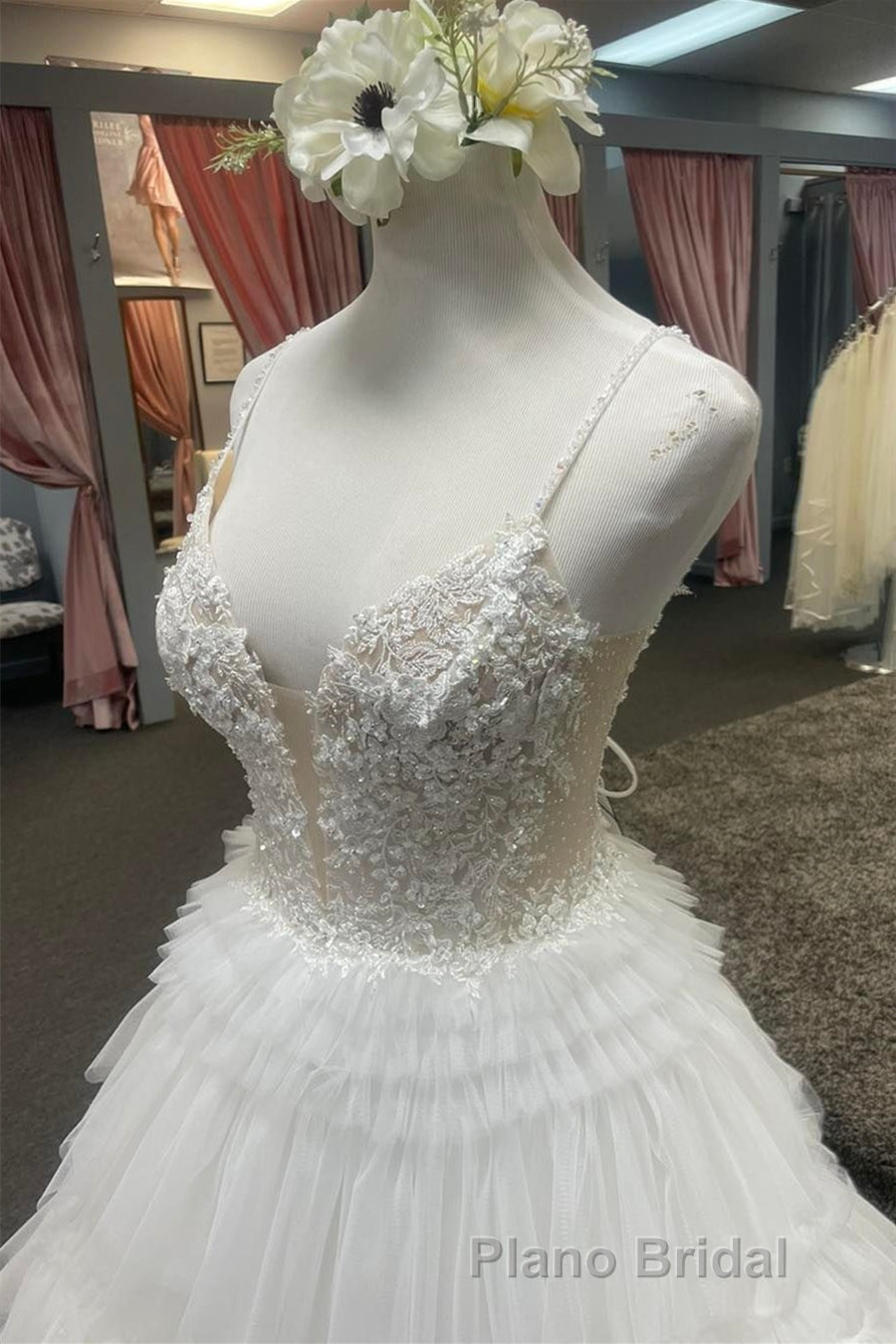 White Floral Plunging V Layers Long Formal Prom Dresses Secondary image