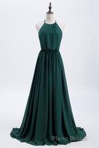 Hunter Green Halter Chiffon A-line Long Bridesmaid Dresses