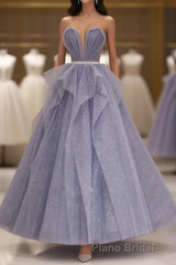 Purple Sweetheart Neck Tulle Sequin Long Formal Prom Dresses, Tulle Prom Dresses