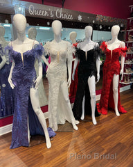Sequin Feather Cold-Shoulder Mermaid Long Formal Prom Dresses with Slit