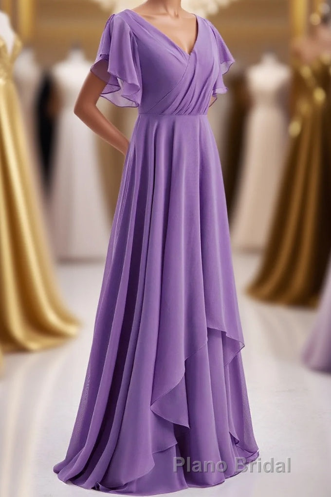Flutter Sleeves Lavender Chiffon A-line Long Bridesmaid Dresses