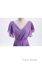 Flutter Sleeves Lavender Chiffon A-line Long Bridesmaid Dresses