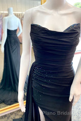 Red Beaded Strapless Mermaid Long Dresses with Attached Train