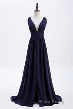 Empire Navy Blue Chiffon A-line Long Bridesmaid Dresses