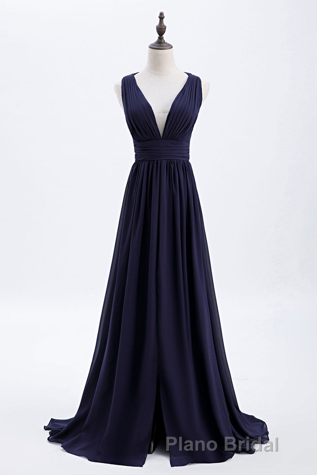 Empire Navy Blue Chiffon A-line Long Bridesmaid Dresses
